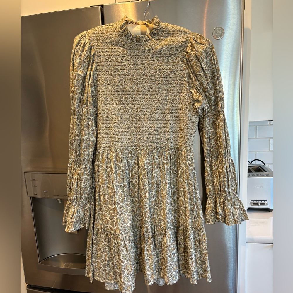 Doen Dress in tan paisley print size small.